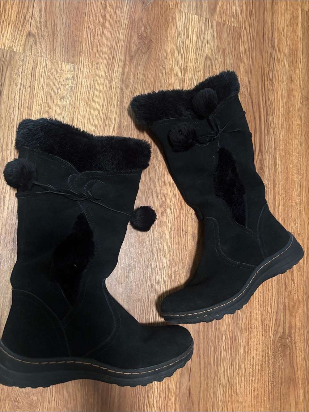 Women's Black Faux Fur Pom-Pom Mid-Calf Winter Boots